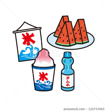 刨冰、波子汽水和西瓜插畫 刨冰、波子汽水和西瓜插畫 128733983
