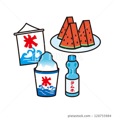 刨冰、波子汽水和西瓜插畫 刨冰、波子汽水和西瓜插畫 128733984
