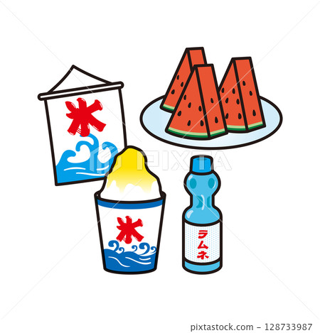 刨冰、波子汽水和西瓜插畫 刨冰、波子汽水和西瓜插畫 128733987