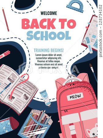 Back to School Kids Poster Template. Cute Backpack, book and School Supplies in Flat Style. Colorful Education Banner for school, Preschool, Kindergarten. International education day, teachers day 128734102