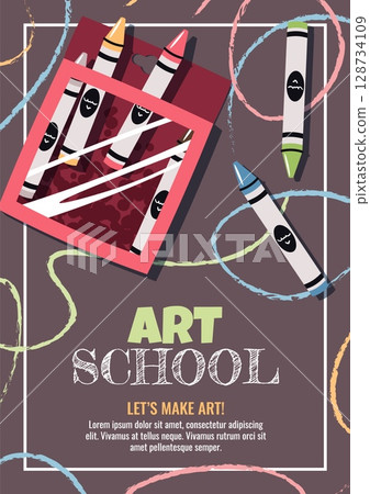 Back to School Poster Template. Kids Art Class with Wax Crayons in Flat Style. Banner for workshop, Online Lesson, Creativity Development and Learning. Background for Kindergarten, Elementary School Back to School Poster Template. Kids Art Class with Wax Crayons in Flat Style. Banner for workshop, Online Lesson, Creativity Development and Learning. Background for Kindergarten, Elementary School 128734109