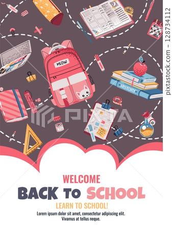 Back to school poster template. Background with backpack, book and school supplies in flat style. Banner concept for college, preschool, school. Ideal for print, web ads, online education, school sale Back to school poster template. Background with backpack, book and school supplies in flat style. Banner concept for college, preschool, school. Ideal for print, web ads, online education, school sale 128734112