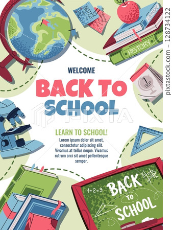 Back to school poster template. Cute school banner with books, globe, chalkboard and stationery. Cheerful flat design for school, college, online learning or social media. Vector doodle illustration Back to school poster template. Cute school banner with books, globe, chalkboard and stationery. Cheerful flat design for school, college, online learning or social media. Vector doodle illustration 128734122