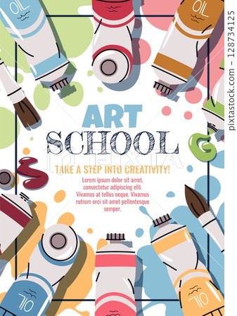 Art Class Poster Template. Art Studio Cover for Kids and Adults. Tubes of Oil Paints, Brushes in Flat Style. Banner for Fine Art Course, Creative Workshop, Painting Lesson. Trend doodle Illustration Art Class Poster Template. Art Studio Cover for Kids and Adults. Tubes of Oil Paints, Brushes in Flat Style. Banner for Fine Art Course, Creative Workshop, Painting Lesson. Trend doodle Illustration 128734125