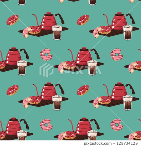 Seamless Coffee Pattern with Teapot, Mug and Donuts on Tray. Cozy Cafe Texture for Branding, Food Packaging, Menu Design, Wallpaper, Bakery Decor, Web Background, Coffee Shop Seamless Coffee Pattern with Teapot, Mug and Donuts on Tray. Cozy Cafe Texture for Branding, Food Packaging, Menu Design, Wallpaper, Bakery Decor, Web Background, Coffee Shop 128734129