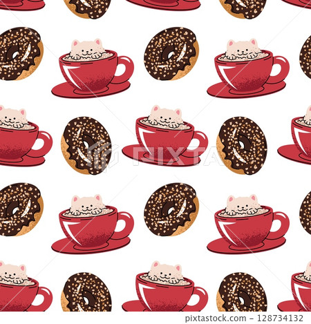 Coffee Cup Seamless Pattern with donut in Flat Design. Ideas for Beverage Branding, Packaging, Social Media Graphics, Website Backgrounds and Digital Art Projects. Cute cat made of foam in a cup Coffee Cup Seamless Pattern with donut in Flat Design. Ideas for Beverage Branding, Packaging, Social Media Graphics, Website Backgrounds and Digital Art Projects. Cute cat made of foam in a cup 128734132