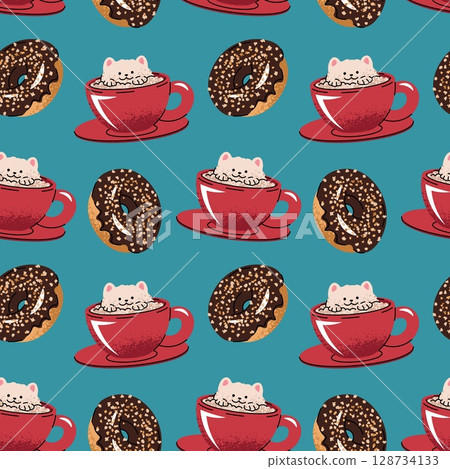 Coffee Cup Seamless Pattern with donut in Flat Design. Ideas for Beverage Branding, Packaging, Social Media Graphics, Website Backgrounds and Digital Art Projects. Cute cat made of foam in a cup Coffee Cup Seamless Pattern with donut in Flat Design. Ideas for Beverage Branding, Packaging, Social Media Graphics, Website Backgrounds and Digital Art Projects. Cute cat made of foam in a cup 128734133
