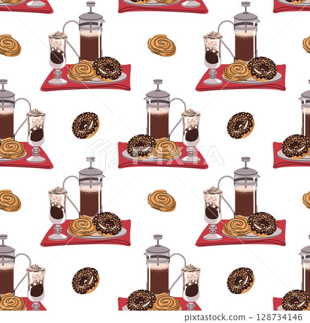 Coffee and Dessert Seamless Pattern with Flat Design. Ideal for Bakery Branding, Coffee Shop Design, Food Packaging, Social Media Graphics, Website Backgrounds and Digital Art Projects Coffee and Dessert Seamless Pattern with Flat Design. Ideal for Bakery Branding, Coffee Shop Design, Food Packaging, Social Media Graphics, Website Backgrounds and Digital Art Projects 128734146