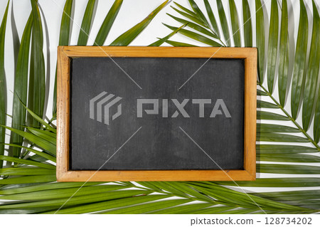 Blank chalkboard with tropical palm leaf on white background. Mockup or copy space. Summer concept 128734202
