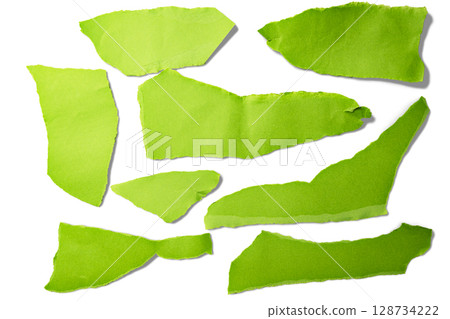 Set of pieces of ripped and torn green paper isolated on a white background. Copy space 128734222