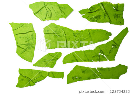 Set of pieces of ripped and torn crumpled green paper isolated on a white background. Copy space Set of pieces of ripped and torn crumpled green paper isolated on a white background. Copy space 128734223