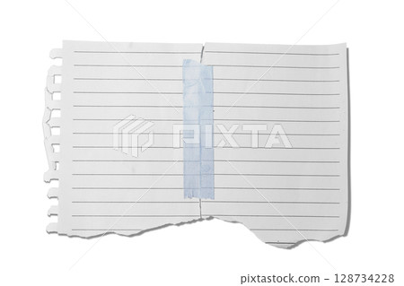 Sheet of ripped white notebook paper affixed with adhesive masking tape isolated on a white background. Copy space 128734228