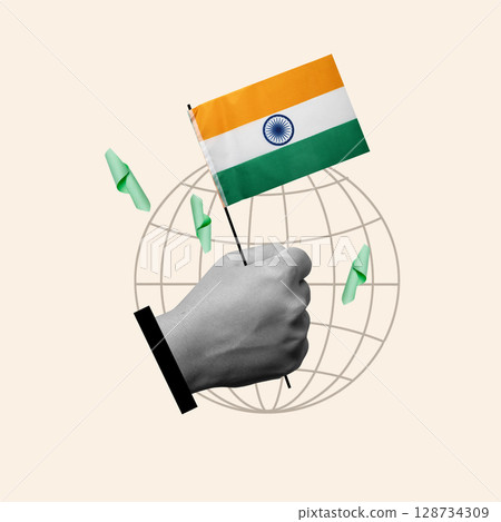 Human hand holding the Indian flag to celebrate India Independence Day. Collage art 128734309