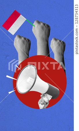 Human hand holding a megaphone and the Indonesian flag to celebrate Indonesia Independence Day. Collage art. Concept of Kemerdekaan Human hand holding a megaphone and the Indonesian flag to celebrate Indonesia Independence Day. Collage art. Concept of Kemerdekaan 128734313