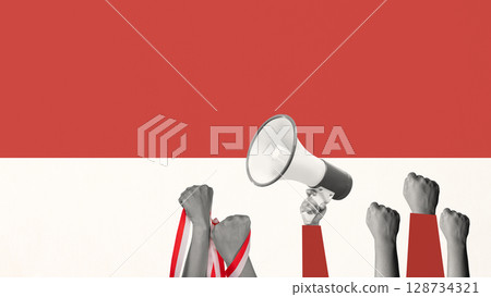 Human hand holding a megaphone and the Indonesian flag to celebrate Indonesia Independence Day. Collage art. Concept of Kemerdekaan Human hand holding a megaphone and the Indonesian flag to celebrate Indonesia Independence Day. Collage art. Concept of Kemerdekaan 128734321