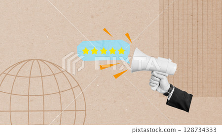 Businessman holding a megaphone showing a speech bubble with five star rating. Concept of positive review. Collage art Businessman holding a megaphone showing a speech bubble with five star rating. Concept of positive review. Collage art 128734333