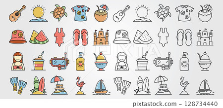 set o f Icons related to summer activities like swimming surfing, tropical and beach. 128734440