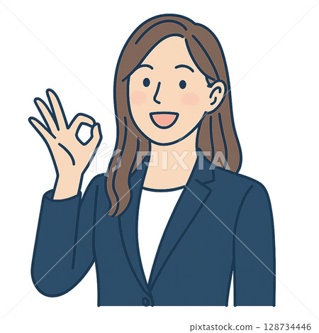 Illustration of a female business person in a suit making an OK sign 128734446