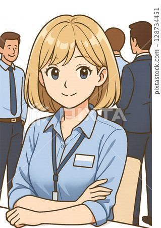 Illustration of young female employees working in an office and their colleagues 128734451