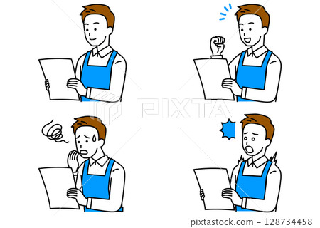 A man in an apron looking at documents - set A man in an apron looking at documents - set 128734458