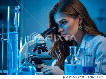 A scientist woman working hard to learn new things in a science lab. Exploring and finding out cool stuff using science tools. Generative AI. 128734474