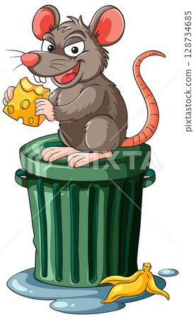 Cartoon Rat Eating Cheese on Trash Can Lid Cartoon Rat Eating Cheese on Trash Can Lid 128734685