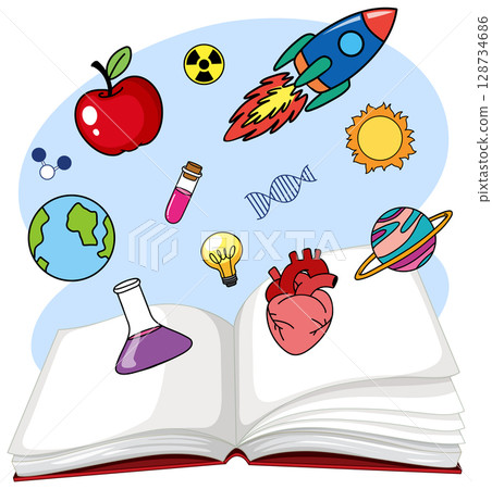 Open Science Book with Educational Icons and Illustrations 128734686
