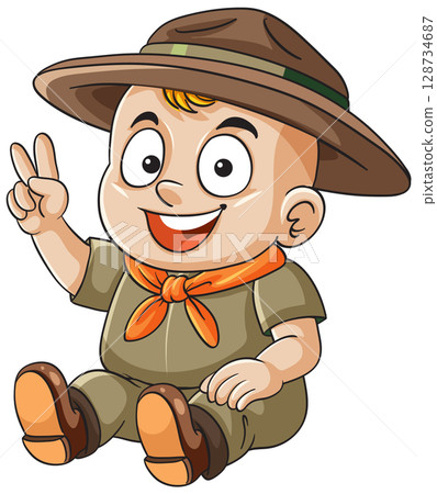 Smiling Baby Scout Sitting and Making Peace Sign 128734687
