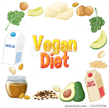 Colorful Vegan Diet Illustration with Various Foods 128734706