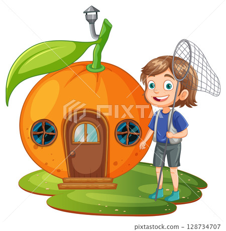 Whimsical Orange House with Child and Net 128734707