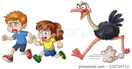 Children Running from a Chasing Ostrich 128734713