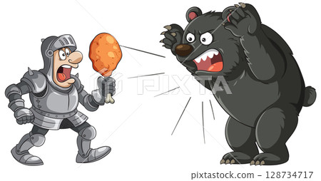 Knight Confronts Angry Bear with Chicken Drumstick Knight Confronts Angry Bear with Chicken Drumstick 128734717