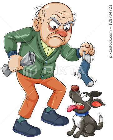Angry Elderly Man Scolding Mischievous Dog With Sock 128734721