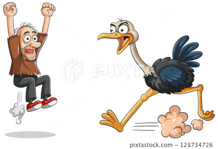 Man Jumping in Fear as Ostrich Charges Forward Man Jumping in Fear as Ostrich Charges Forward 128734726
