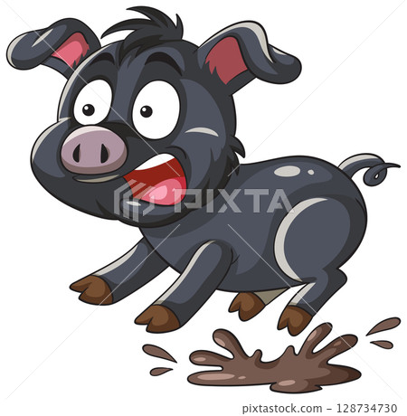 Playful Piglet Jumping Over Mud Puddle 128734730