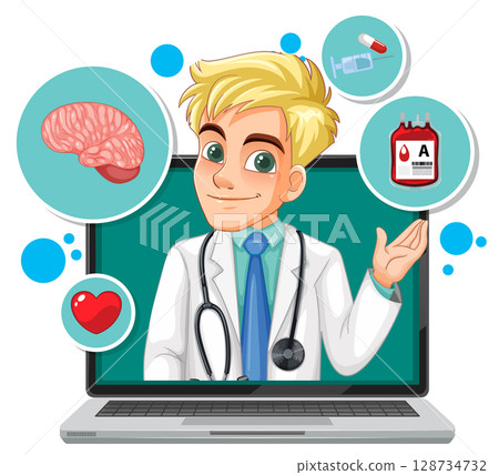 Virtual Doctor Consultation with Medical Icons and Laptop 128734732