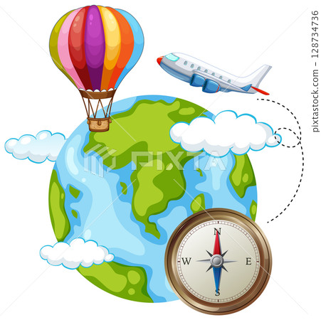 Globe with Hot Air Balloon, Airplane, and Compass Illustration Globe with Hot Air Balloon, Airplane, and Compass Illustration 128734736