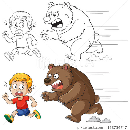 Boy Running from Angry Bear in Cartoon Style Boy Running from Angry Bear in Cartoon Style 128734747