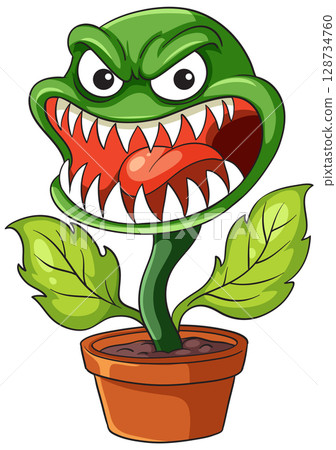 Angry Cartoon Carnivorous Plant in Flower Pot 128734760