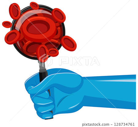 Blue Gloved Hand Examining Red Blood Cells with Magnifier 128734761