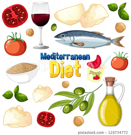 Mediterranean Diet Foods Vector Illustration 128734772