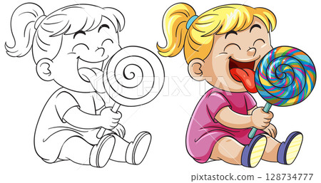 Smiling Girl Enjoying Large Colorful Lollipop 128734777