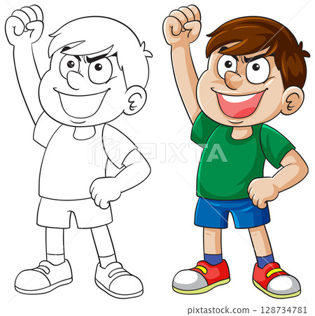 Smiling Boy Raising Fist in Victory Pose 128734781