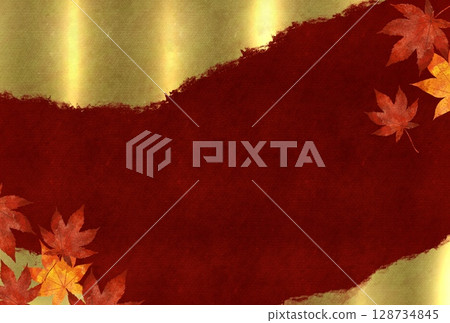 Gorgeous autumn Japanese-style image background illustration of autumn leaves and gold leaf, dark red 128734845