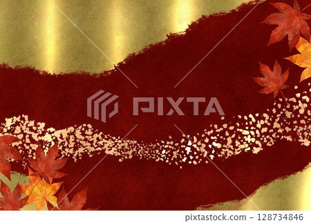 A luxurious Japanese-style red background illustration with gold leaf and autumn leaves 128734846