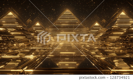 Pathway of symmetrical golden pyramids with mirrored surfaces 128734921