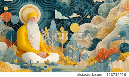 Sacred, Guru Nanak with radiating aura, seated on earth, calm spiritual presence 128734936