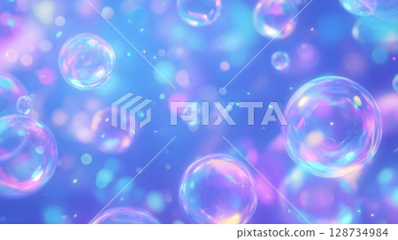 soap bubbles with reflections and soft light, floating in a dreamy blue space, 128734984