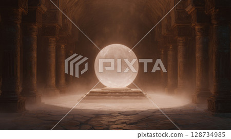 Glowing ancient relic orb floating in a misty temple chamber 128734985