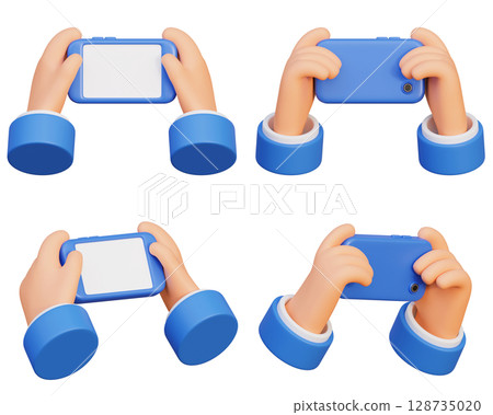 Holding the phone horizontally with both hands cartoon style 3D graphic 128735020